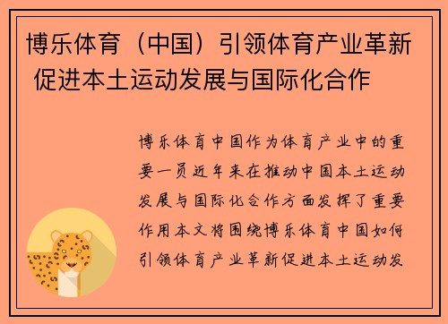 博乐体育（中国）引领体育产业革新 促进本土运动发展与国际化合作
