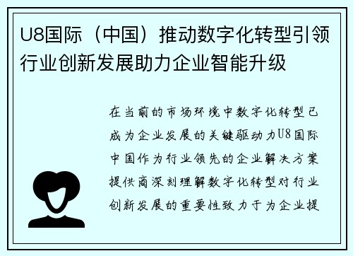 U8国际（中国）推动数字化转型引领行业创新发展助力企业智能升级